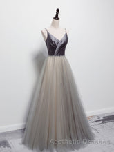 Simple gray v neck tulle long Evening Prom Dresses, gray tulle formal Dresses